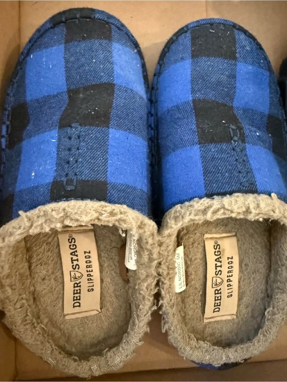 Deer Stags Kids Blue and Black Buffalo Plaid Slip-On Slippers